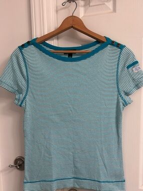 Striped Teal & White Short Sleeve Knit Top